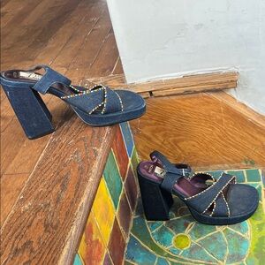 Stylish Beaded Denim Platform Heels